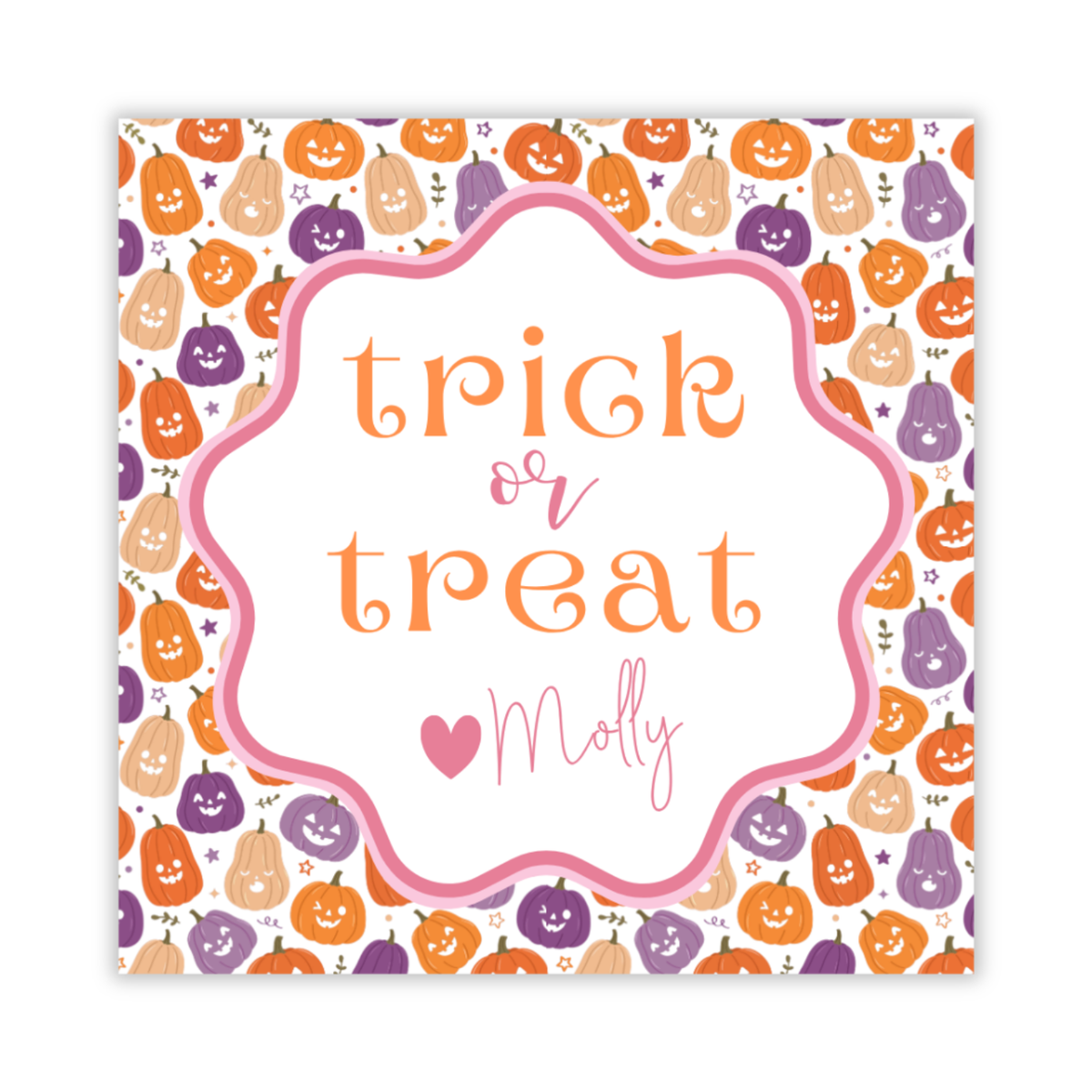 personalized gift tag with a silly jack-o-lantern pattern as the background and trick or treat text, ShooFly Paper Co. Auburn, Alabama