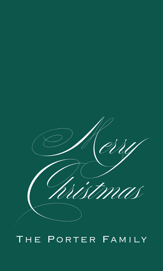 solid green christmas gift tag with script merry christmas and tartan plaid back; ShooFly Paper Co. Auburn, Alabama