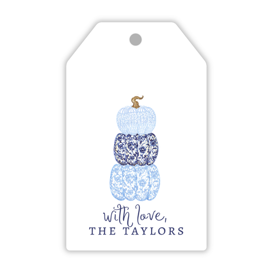 personalized fall themed gift tag with blue and white chinoiserie stacked pumpkins, ShooFly Paper Co. Auburn, Alabama