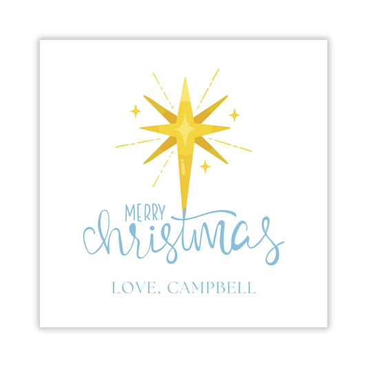 personalized Christmas gift tag with yellow star and 'Merry Christmas' text on a white background, ShooFly Paper Co. Auburn, Alabama