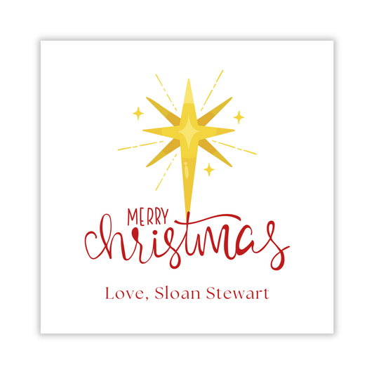 personalized Christmas gift tag with a yellow star and 'Merry Christmas' text on a white background, ShooFly Paper Co. Auburn, Alabama