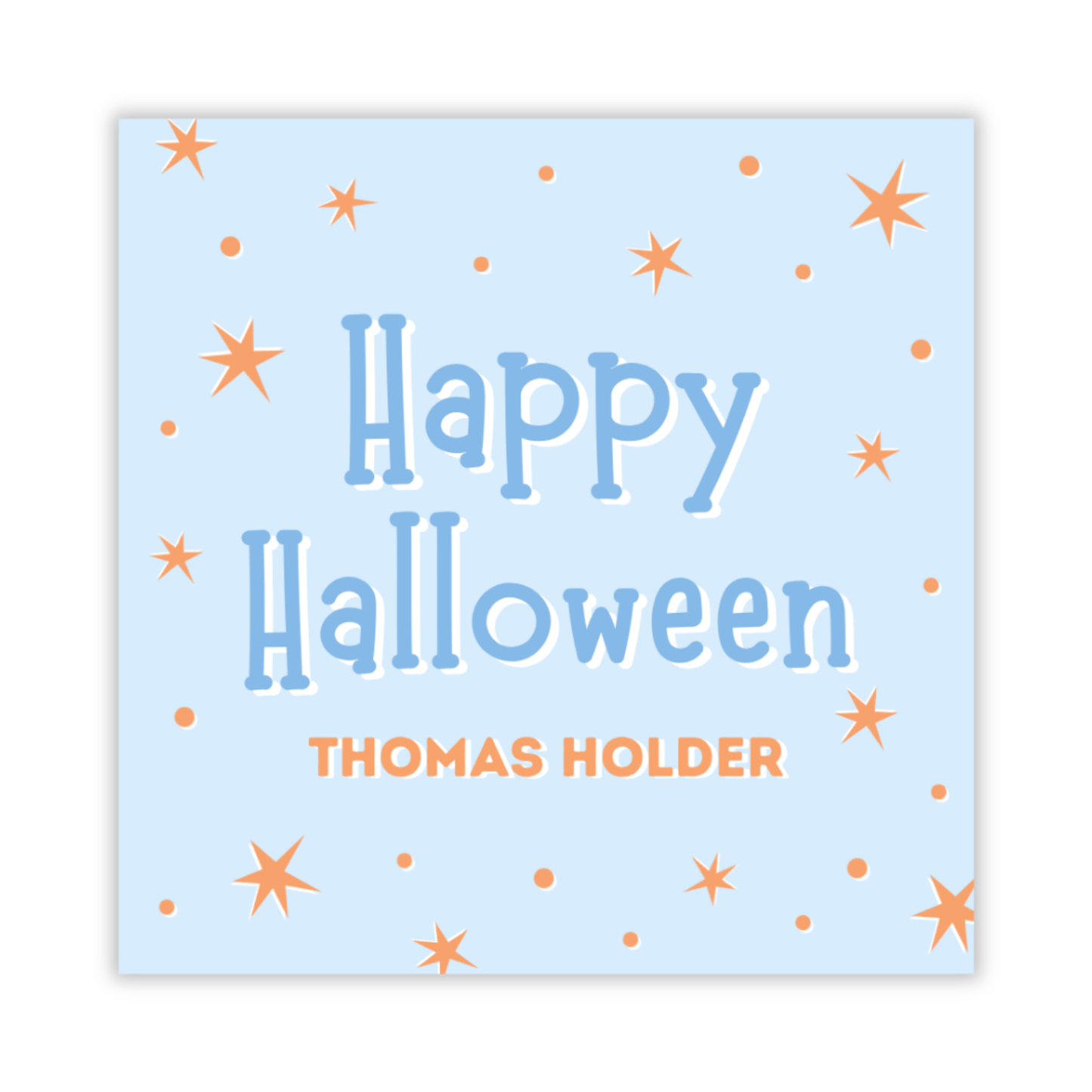 personalized gift tag for Halloween treats with light blue background and orange stars and dots, ShooFly Paper Co. Auburn, Alabama