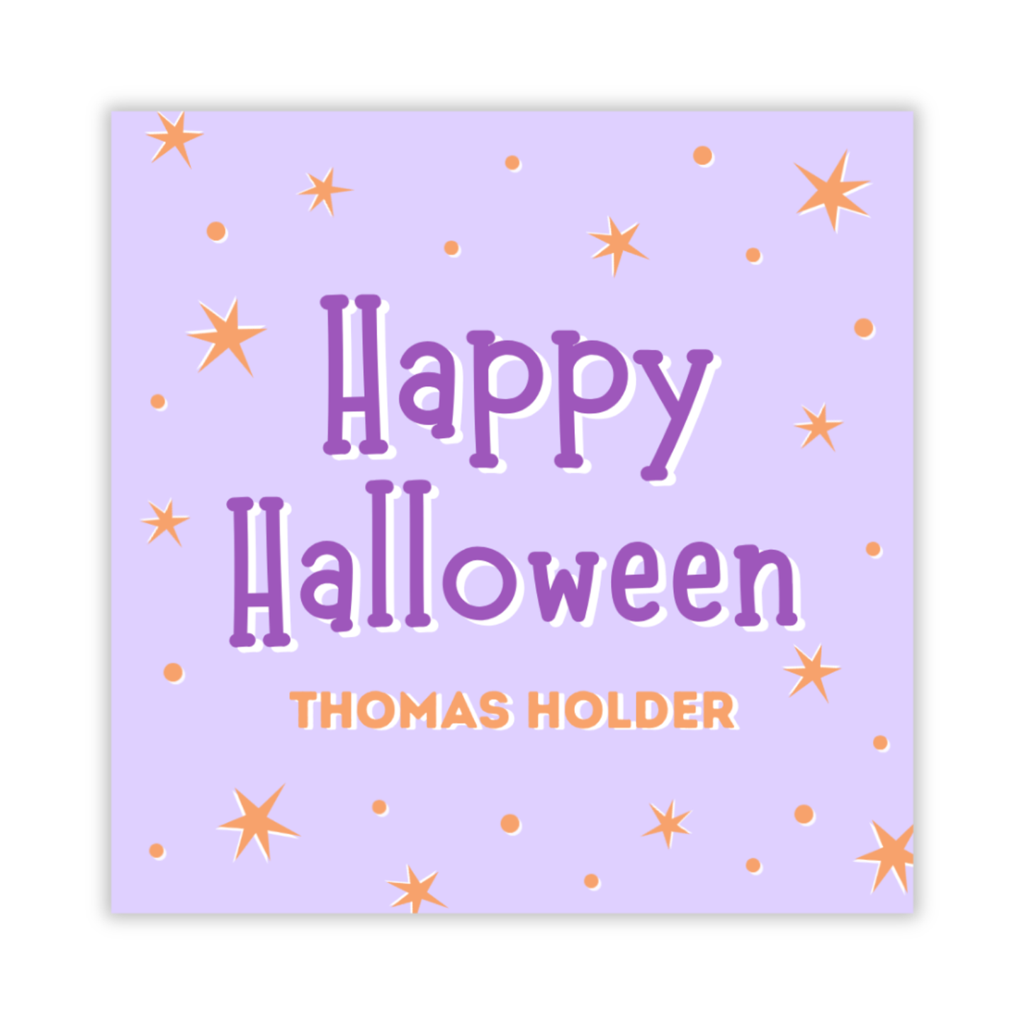 personalized gift tag for Halloween treats with light purple background and orange stars and dots, ShooFly Paper Co. Auburn, Alabama