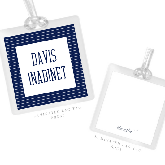 laminated bag tag for camp & swim bags, ShooFly Paper Co. Auburn, AL