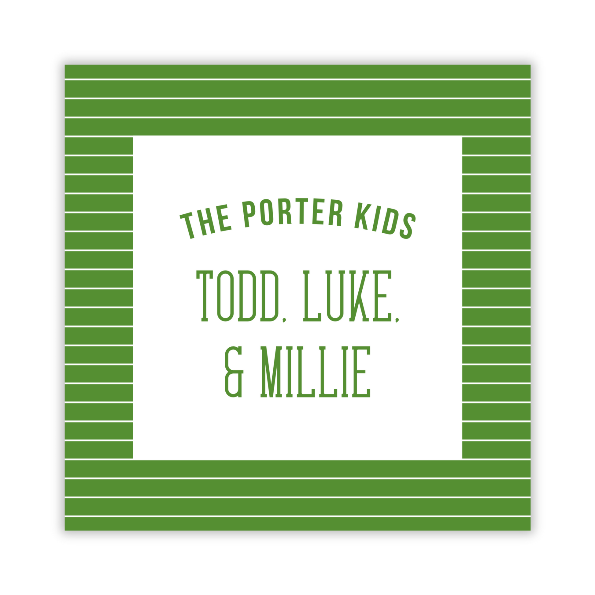 square gift tag with green striped background and family names, ShooFly Paper Co. Auburn, Alabama
