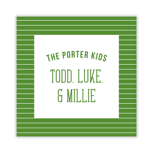 square gift tag with green striped background and family names, ShooFly Paper Co. Auburn, Alabama