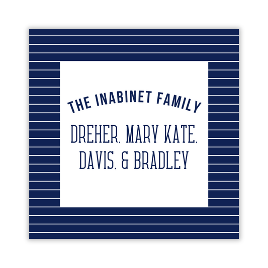 square gift tag with navy striped background and family names, ShooFly Paper Co. Auburn, Alabama