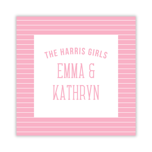 square gift tag with pink striped background and family names, ShooFly Paper Co. Auburn, Alabama