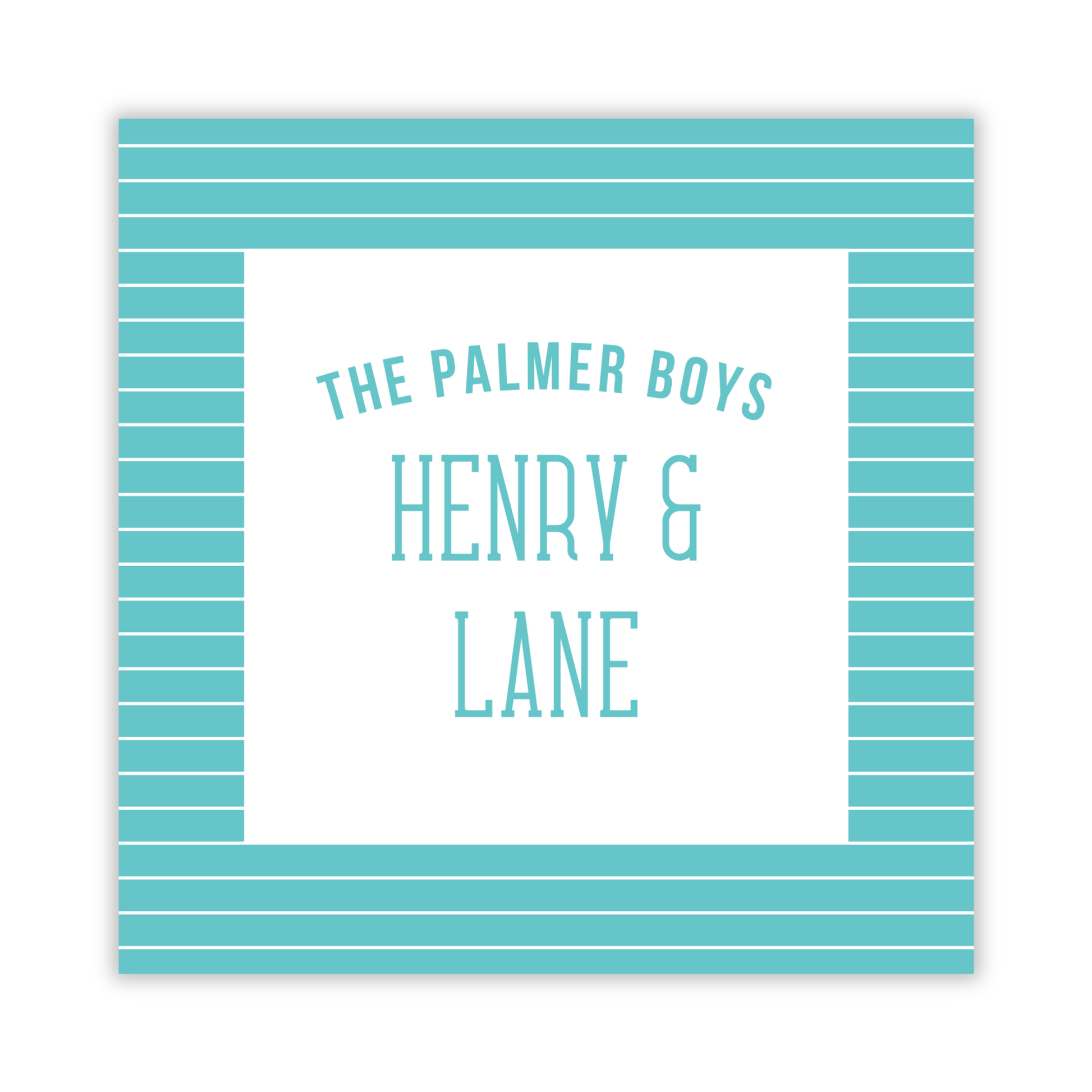 square gift tag with teal striped background and family names, ShooFly Paper Co. Auburn, Alabama