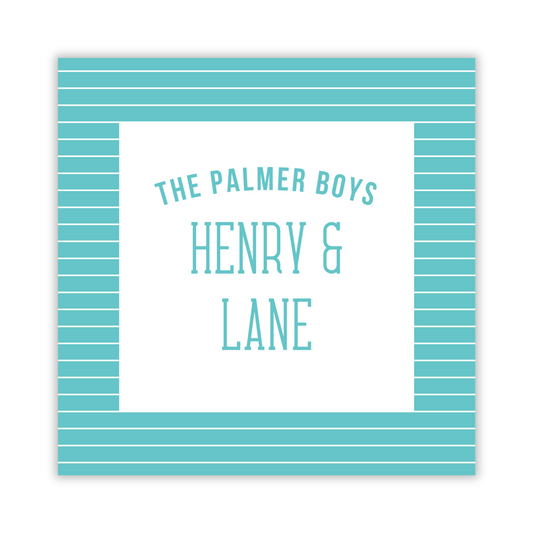 square gift tag with teal striped background and family names, ShooFly Paper Co. Auburn, Alabama