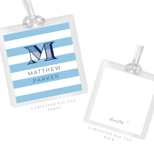laminated bag tag with blue stripes & block initial, ShooFly Paper Co. Auburn, AL