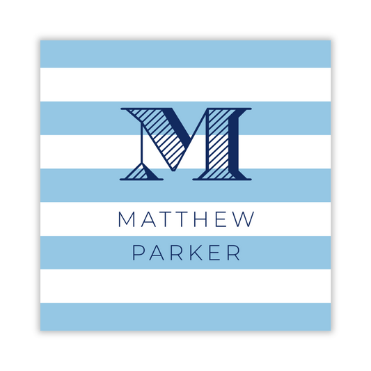 boys gift tag with blue stripes & block initial, ShooFly Paper Co Auburn, AL