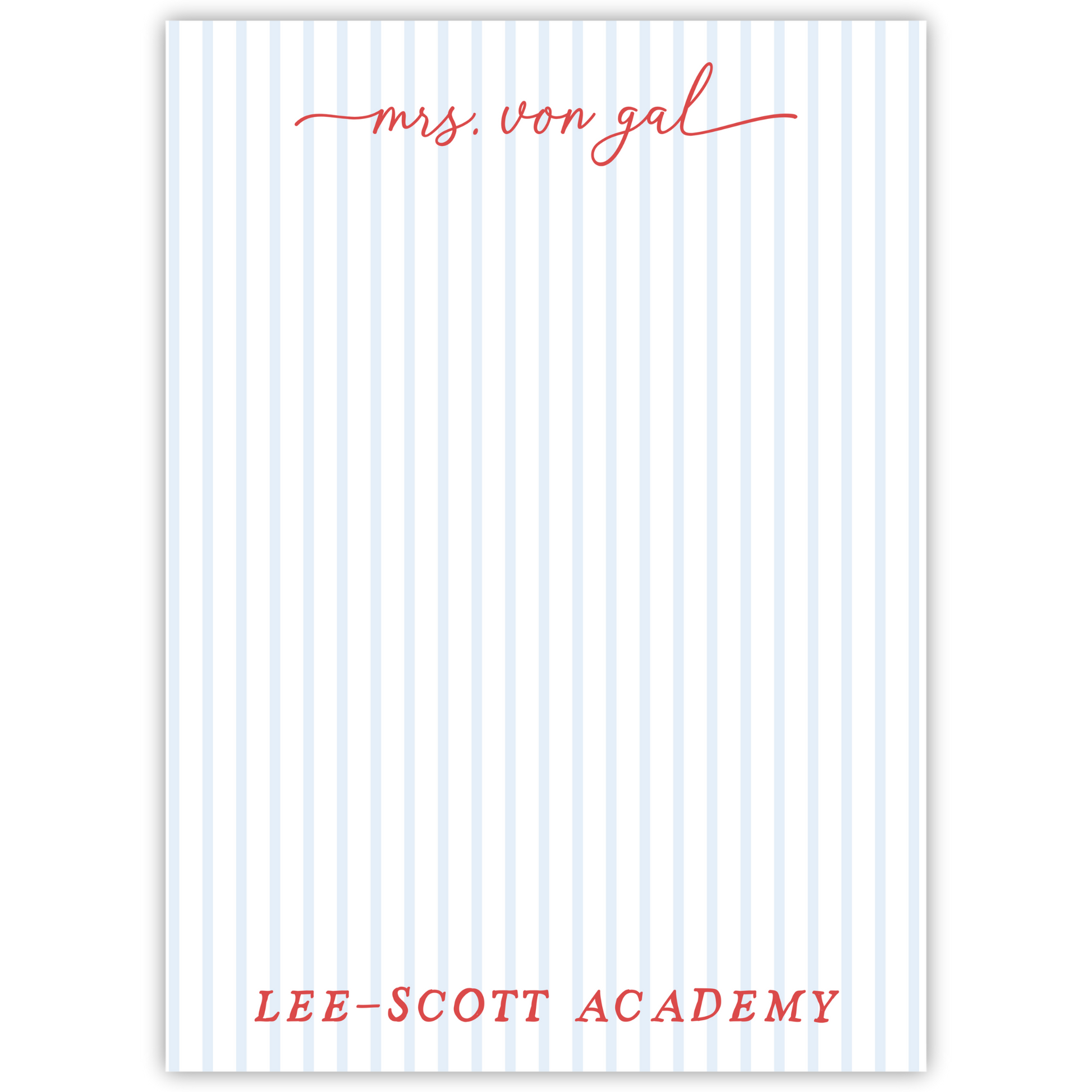 striped notepad with script teacher name & school name, ShooFly Paper Co. Auburn, Alabama