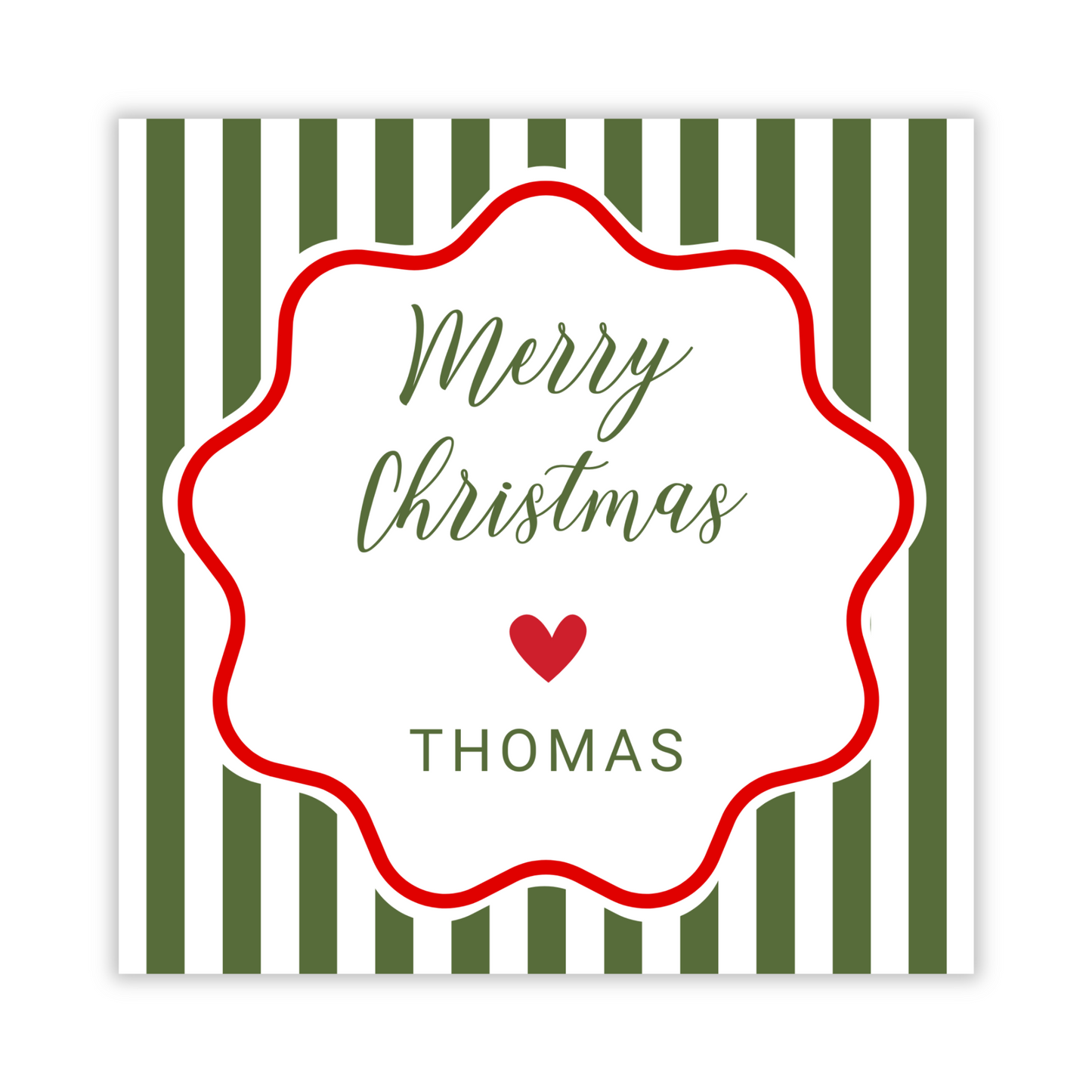 personalized christmas gift tag with green stripes & a red scallop circle, ShooFly Paper Co. Auburn, Alabama