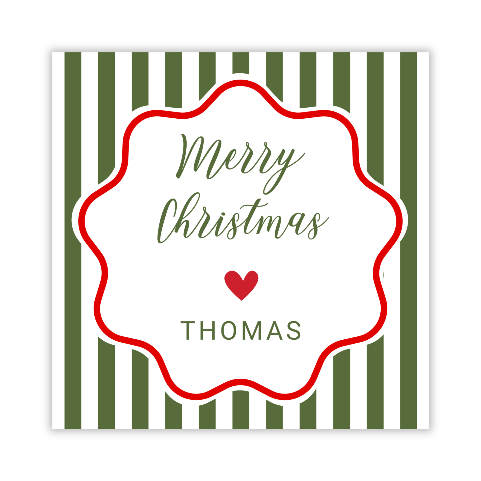 personalized christmas gift tag with green stripes & a red scallop circle, ShooFly Paper Co. Auburn, Alabama