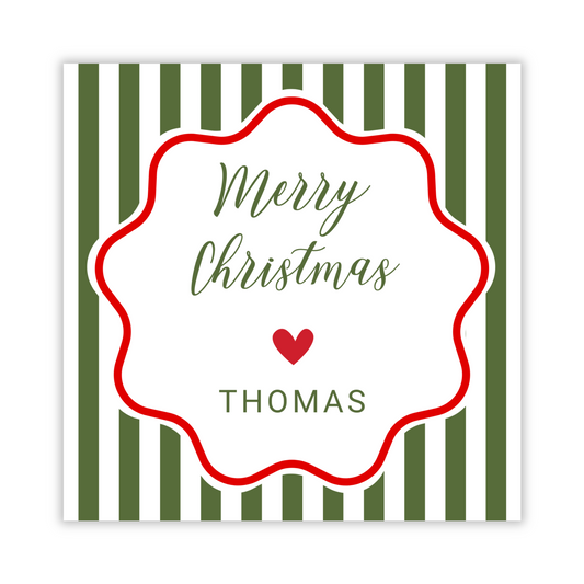 personalized christmas gift tag with green stripes & a red scallop circle, ShooFly Paper Co. Auburn, Alabama