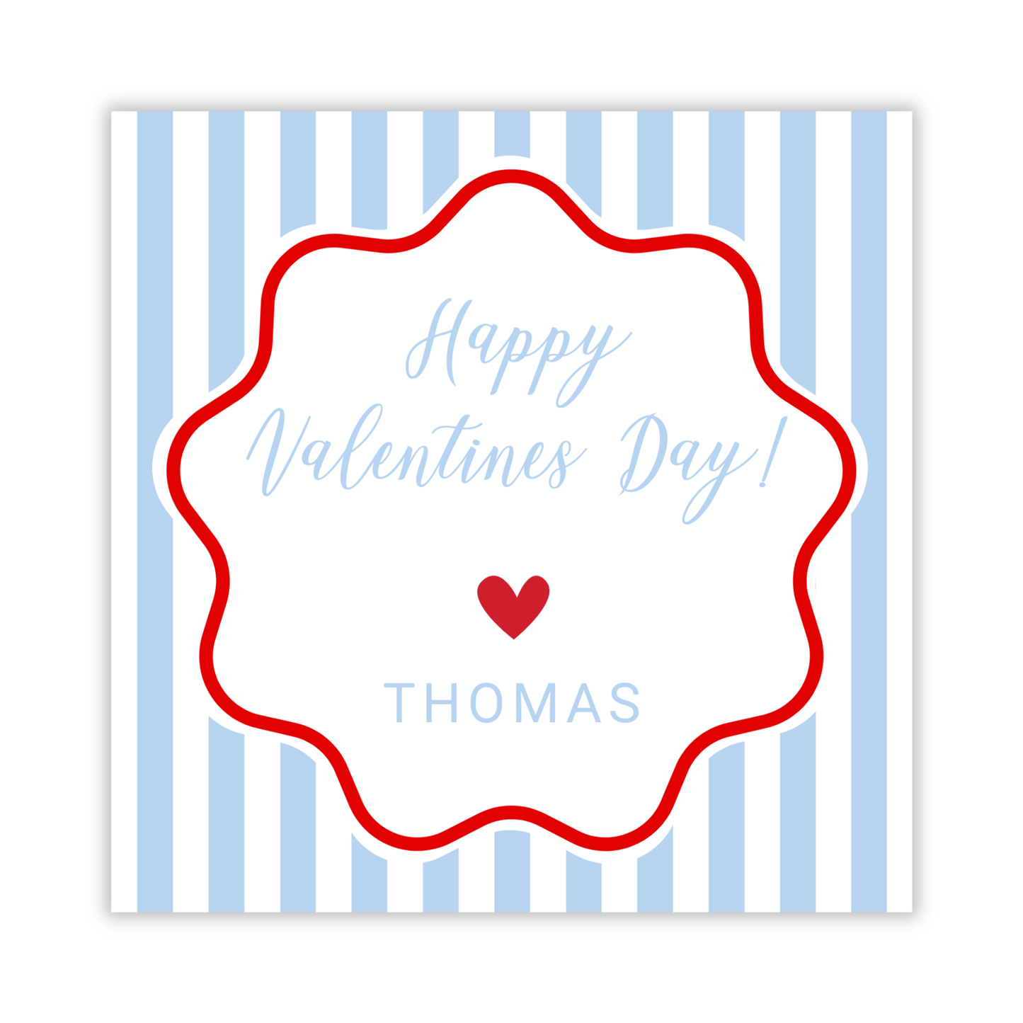 valentines gift tag with blue & white stripes and squiggly border, ShooFly Paper Co. Auburn, Alabama