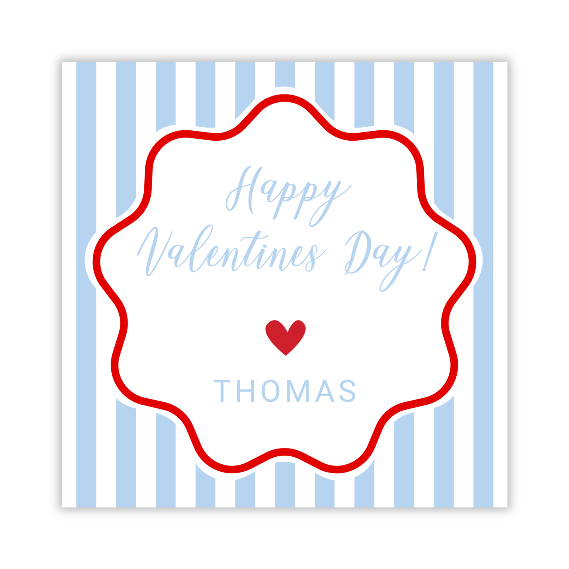 valentines gift tag with blue & white stripes and squiggly border, ShooFly Paper Co. Auburn, Alabama