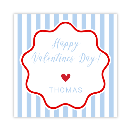 valentines gift tag with blue & white stripes and squiggly border, ShooFly Paper Co. Auburn, Alabama