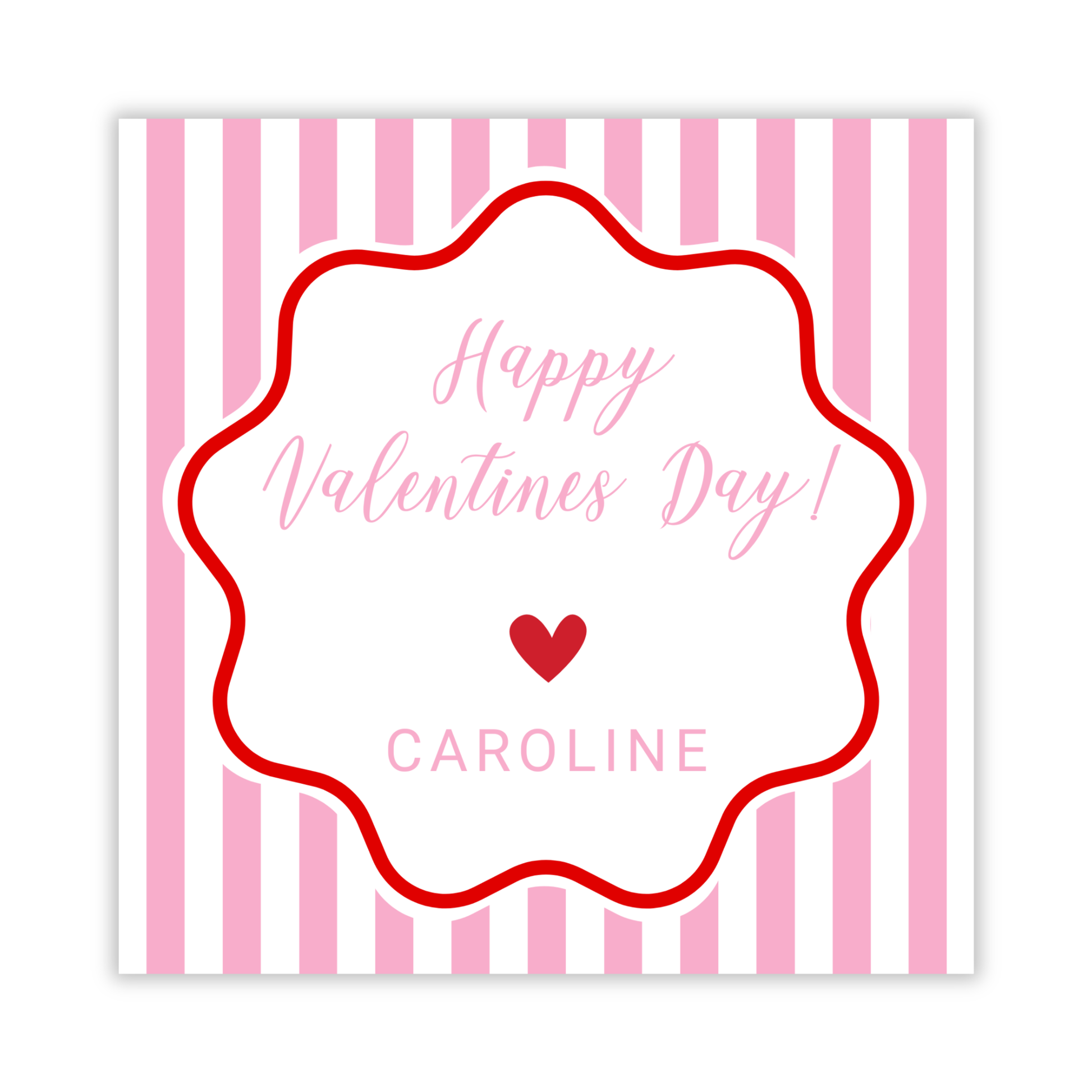 valentines gift tag with pink & white stripes and wavy border, ShooFly Paper Co. Auburn, Alabama