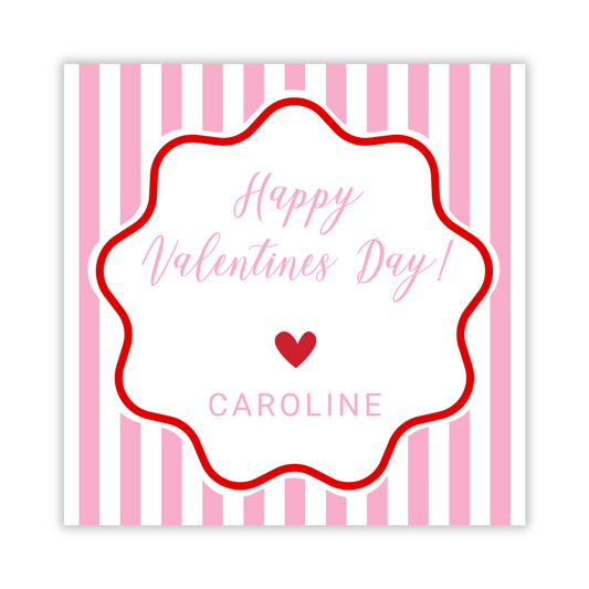 valentines gift tag with pink & white stripes and wavy border, ShooFly Paper Co. Auburn, Alabama