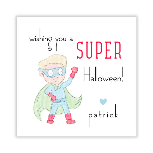halloween gift tag with superhero, ShooFly Paper Co. Auburn, Alabama