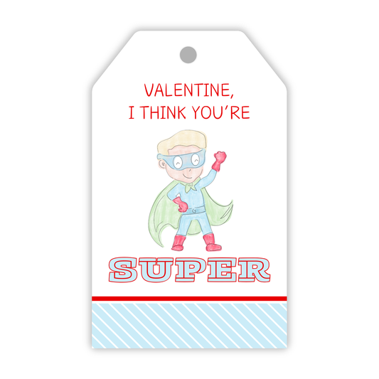 valentines gift tag with cartoon superhero; Valentine, I think you're super; ShooFly Paper Co. Auburn, Alabama