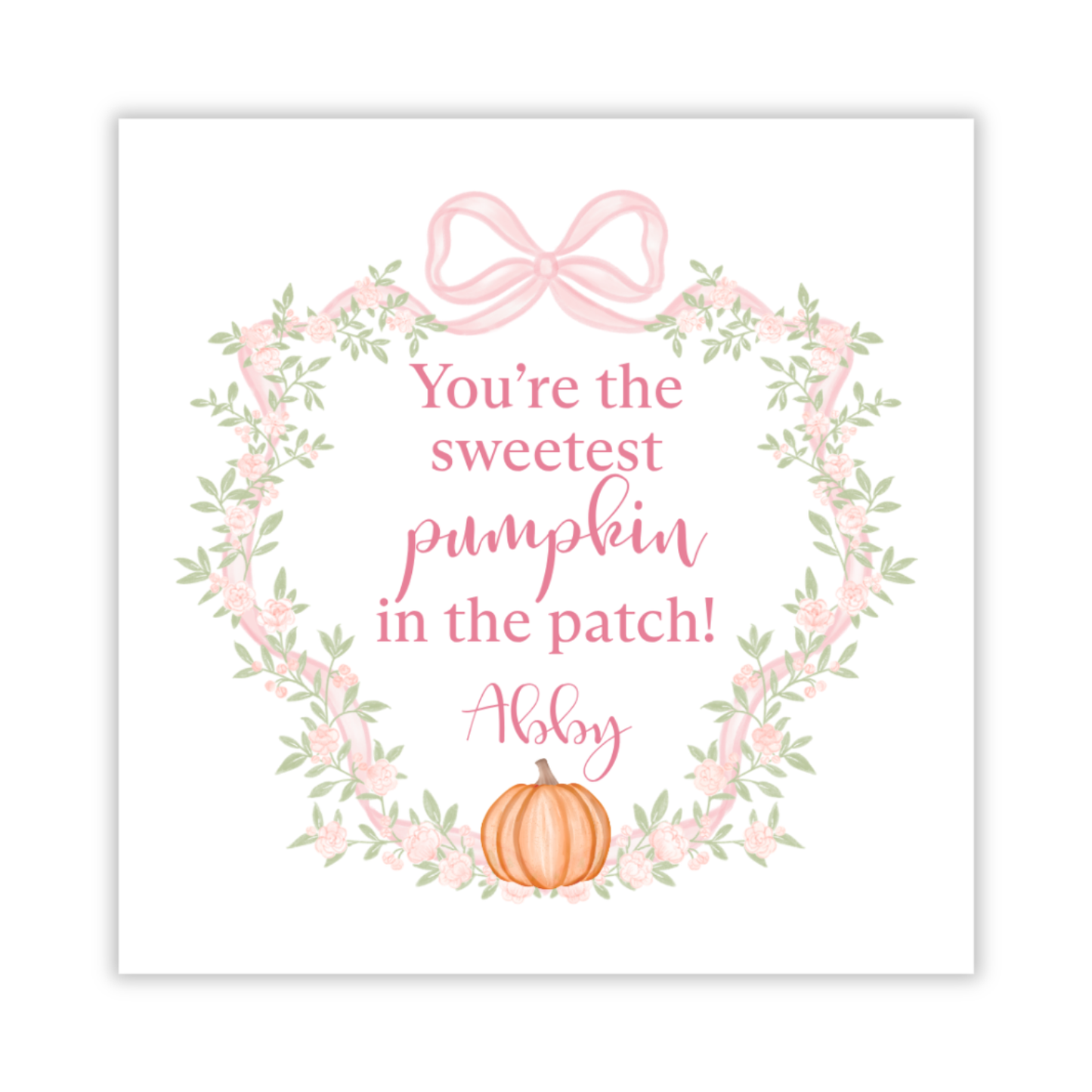 personalized gift tag with floral bow crest and watercolor pumpkin, sweetest pumpkin in the patch, ShooFly Paper Co. Auburn, Alabama