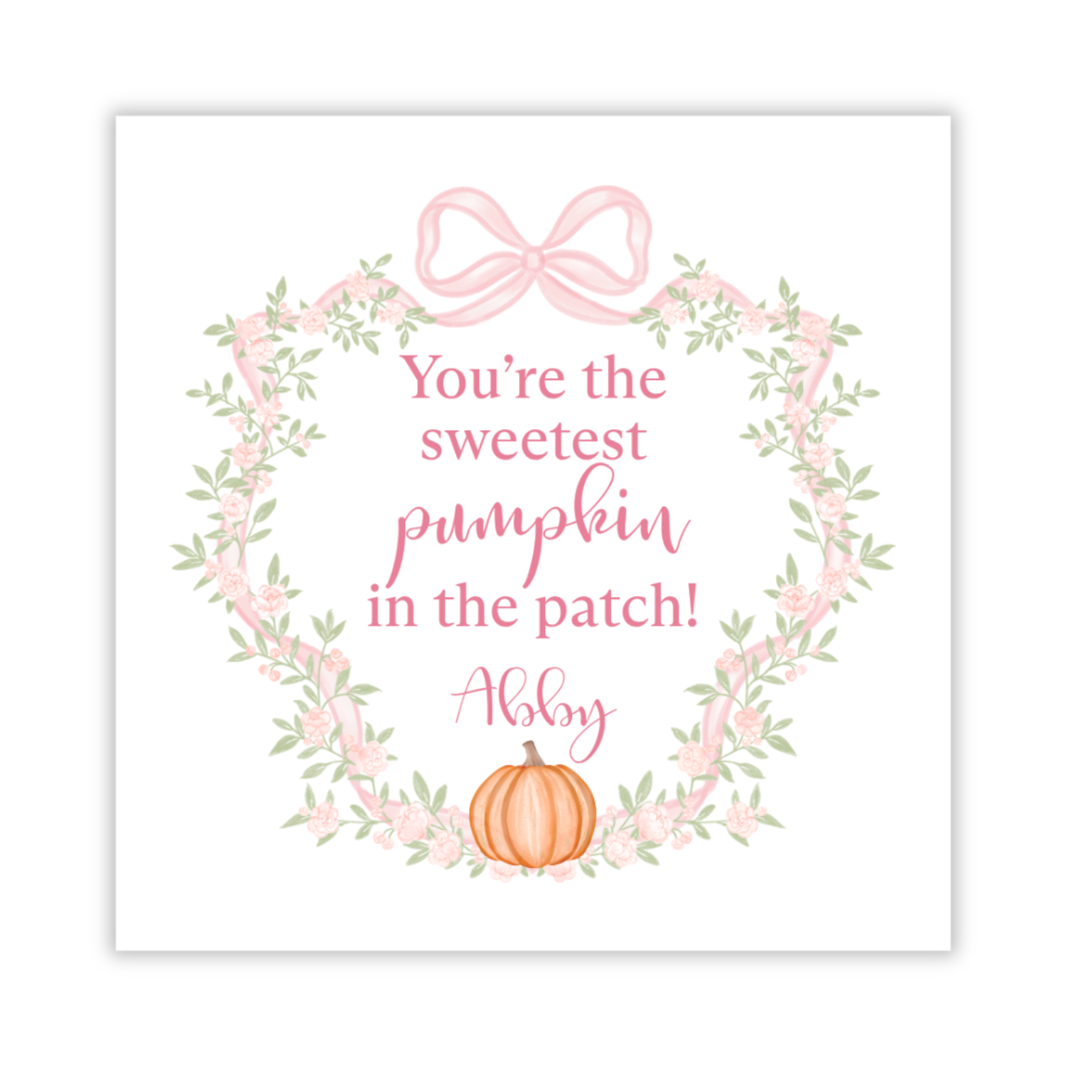 personalized gift tag with floral bow crest and watercolor pumpkin, sweetest pumpkin in the patch, ShooFly Paper Co. Auburn, Alabama