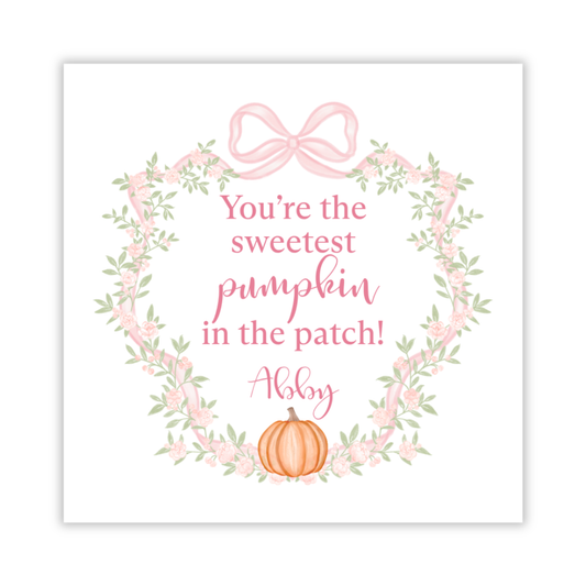 personalized gift tag with floral bow crest and watercolor pumpkin, sweetest pumpkin in the patch, ShooFly Paper Co. Auburn, Alabama