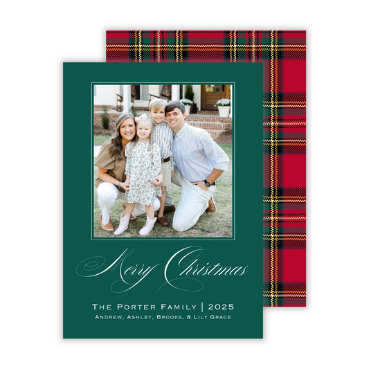 beautiful personalized photo christmas card with tartain plaid christmas plaid back, ShooFly Paper Co. Auburn, Alabama