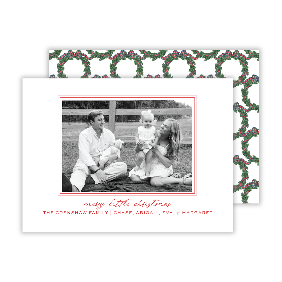 personalized photo Christmas card with simple red and white design on the front and wreaths with tartan plaid bows on the back, ShooFly Paper Co. Auburn, Alabama