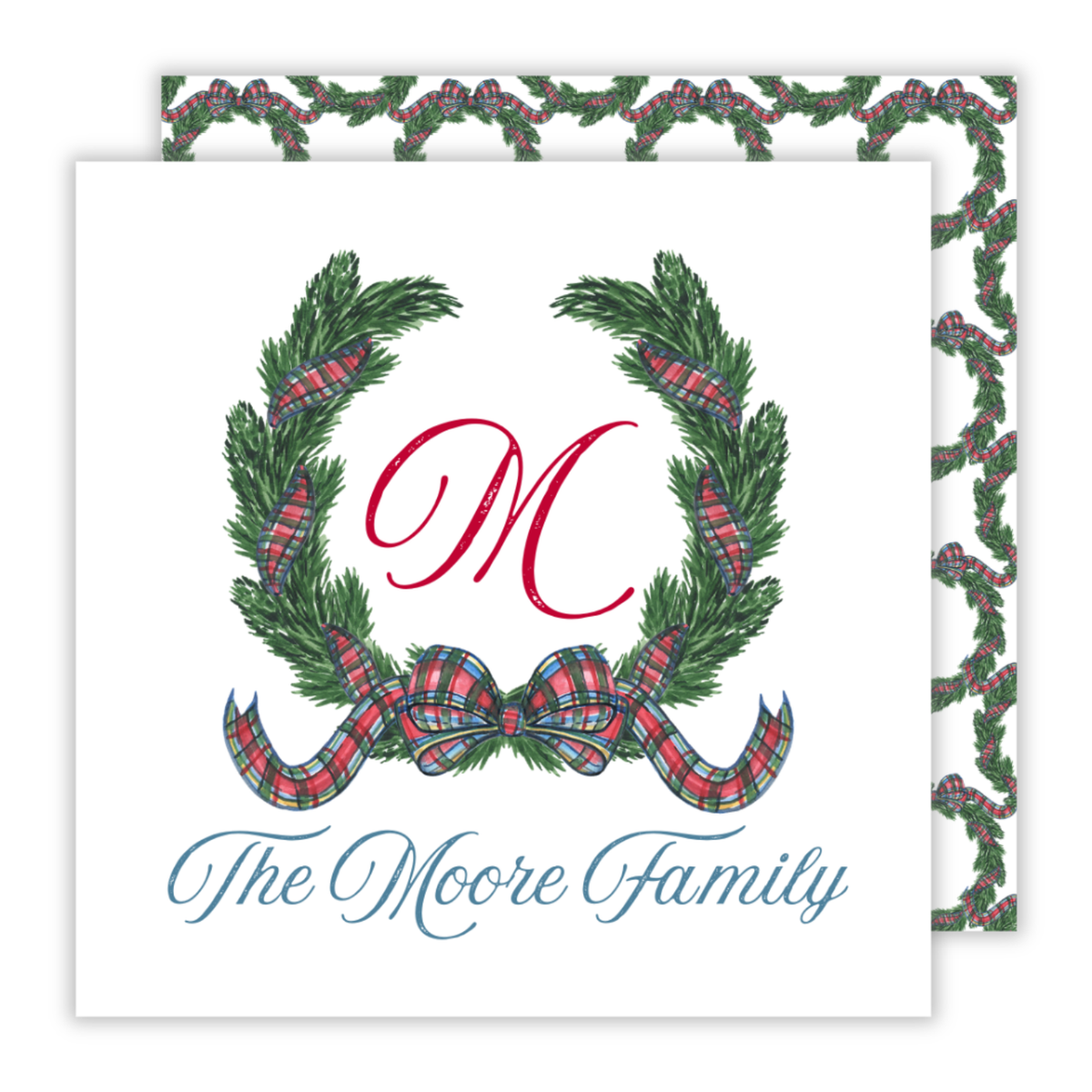 personalized Christmas gift tag with evergreen wreath with tartan plaid bow, ShooFly Paper Co. Auburn, Alabama