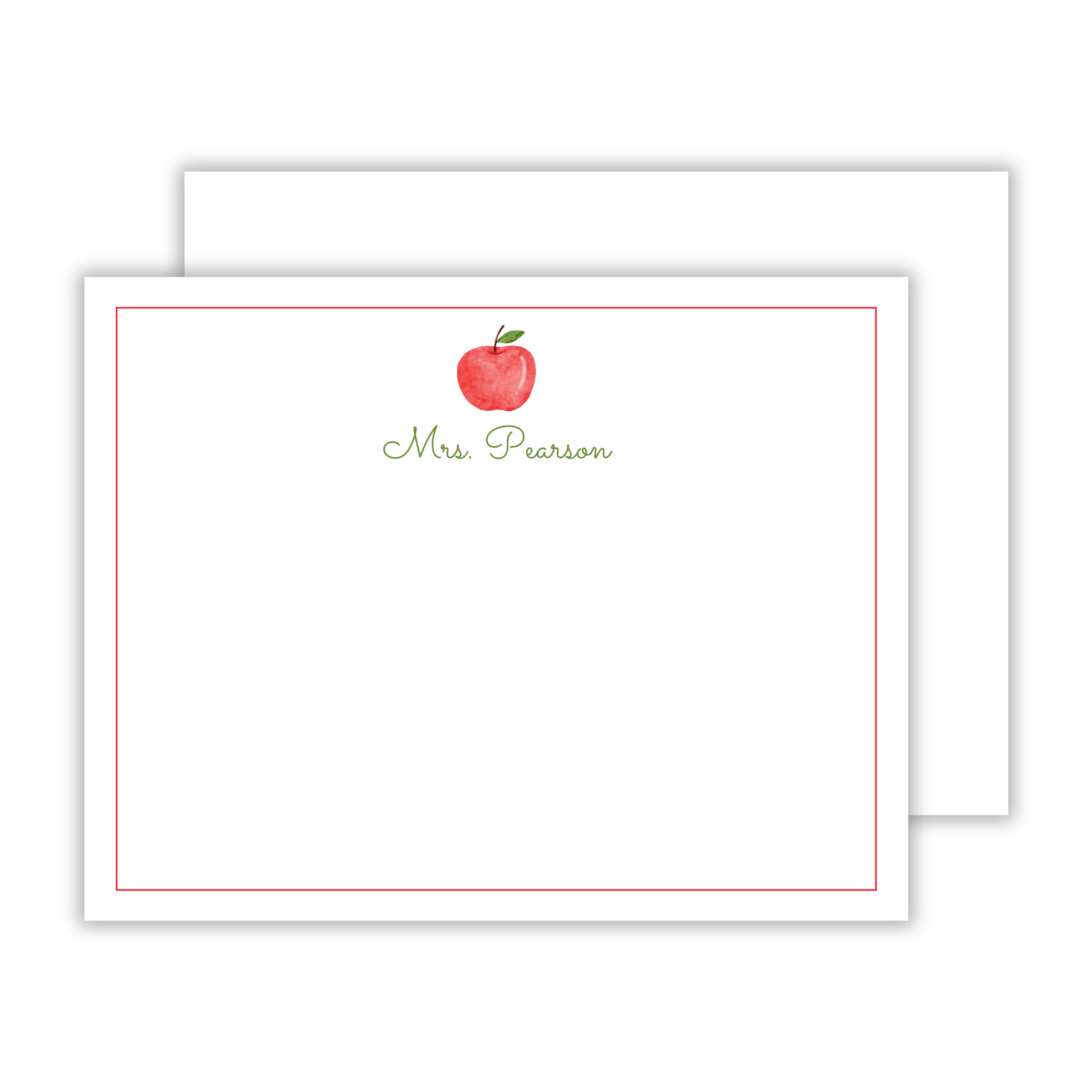 teacher gift, personalized notecard for teacher with watercolor apple and cursive name, ShooFly Paper Co. Auburn, Alabama