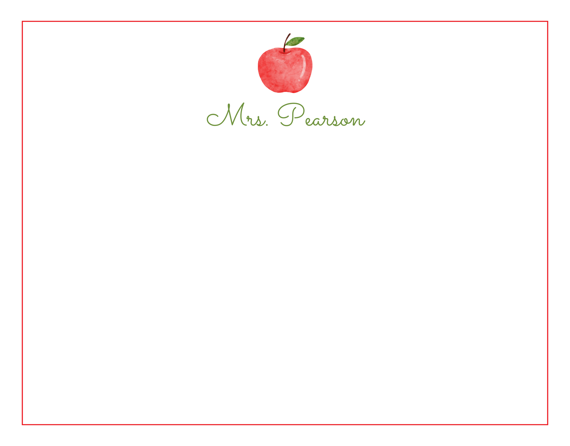 personalized notecard set for teachers with watercolor apple, ShooFly Paper Co. Auburn, AL