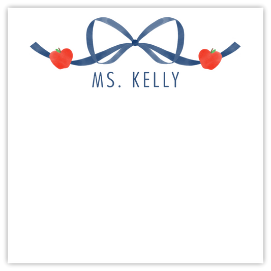 teacher notepad with blue bow and apples, ShooFly Paper Co. Auburn, Alabama