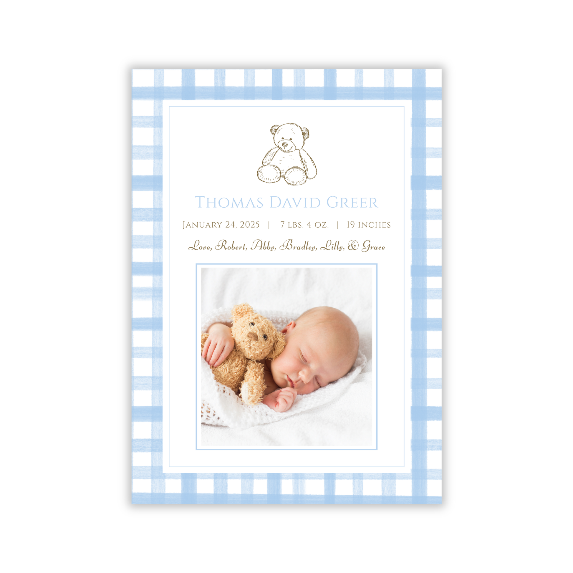 birth announcement with blue watercolor gingham border and drawn teddy bear, ShooFly Paper Co. Auburn, Alabama