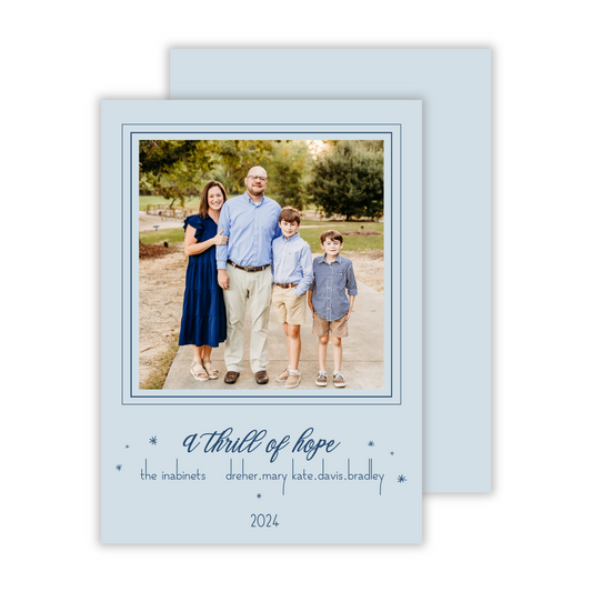 photo christmas card in blue hues with stars and a christmas phrase, ShooFly Paper Co. Auburn, Alabama