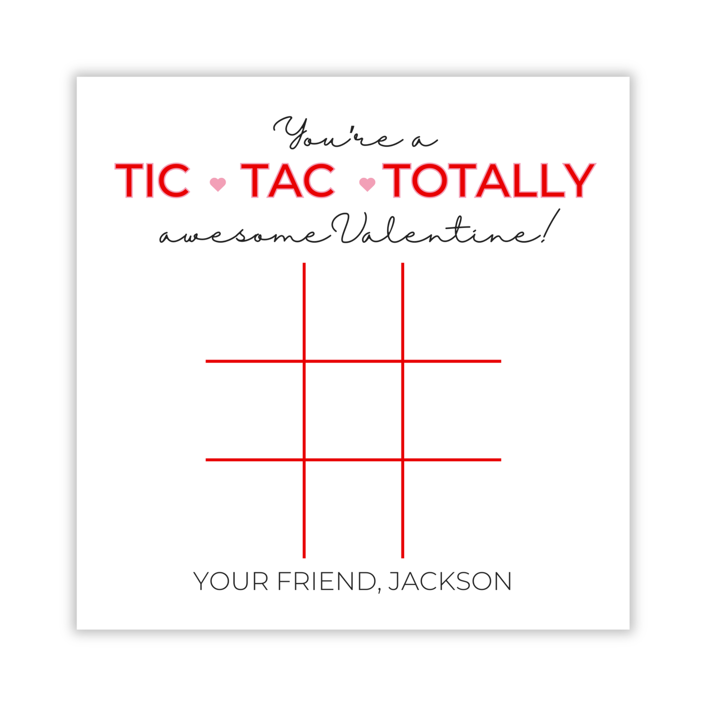 valentines gift tag with tic tac to game, tic tac totally, ShooFly Paper Co. Auburn, Alabama