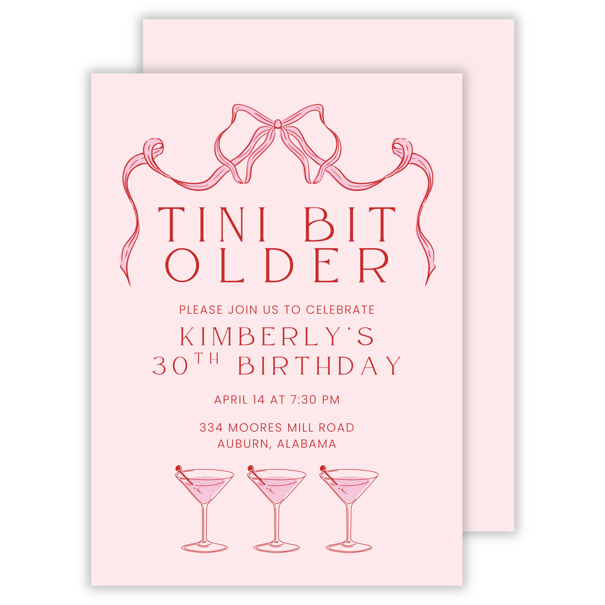 pink birthday party invitation with drawn cocktails, tini bit older theme, adult birthday party invitation, ShooFly Paper Co. Auburn, Alabama