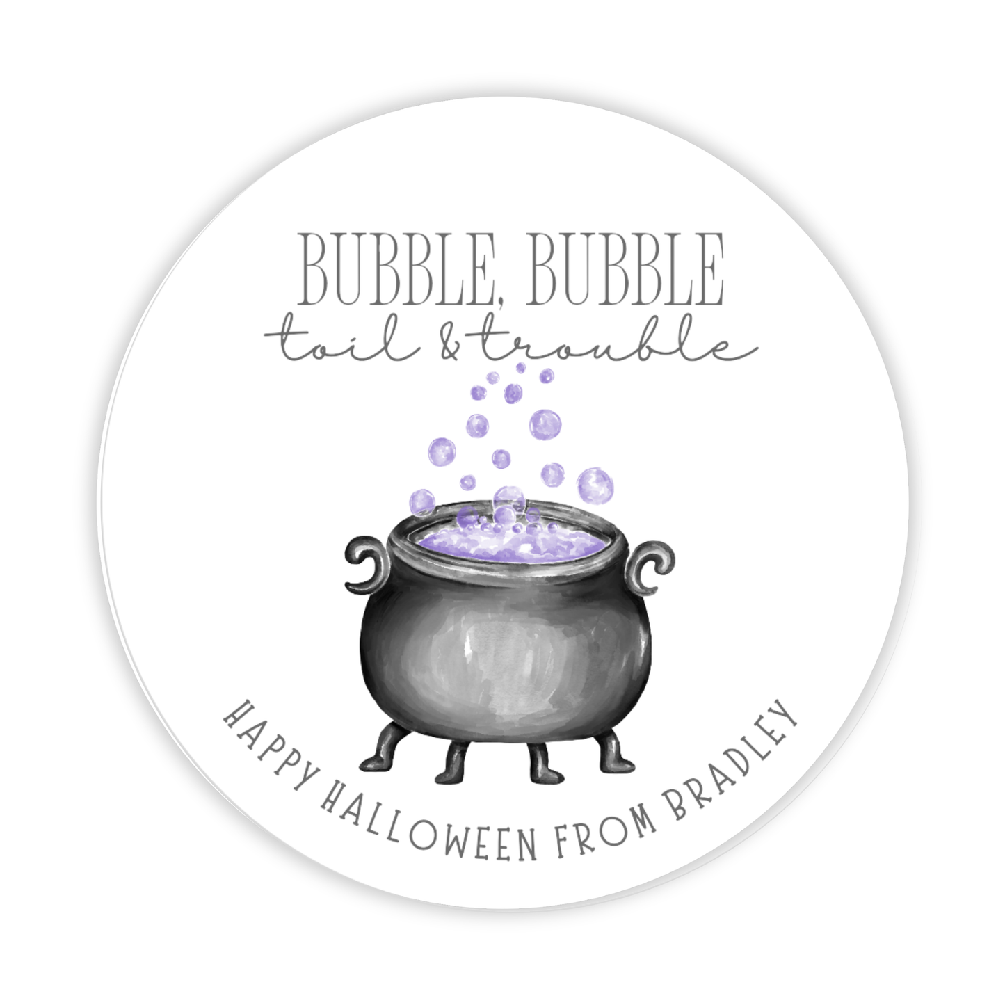 round halloween gift tag with cauldron & bubbles, ShooFly Paper Co. Auburn, Alabama