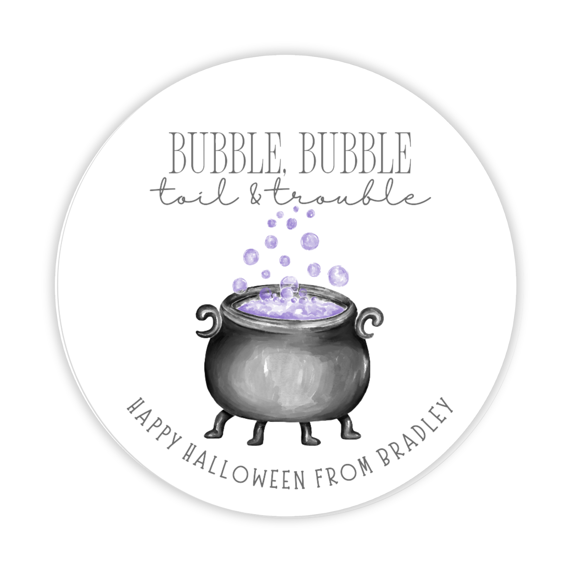 round halloween gift tag with cauldron & bubbles, ShooFly Paper Co. Auburn, Alabama