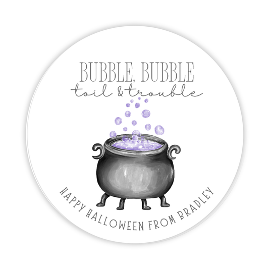 round halloween gift tag with cauldron & bubbles, ShooFly Paper Co. Auburn, Alabama