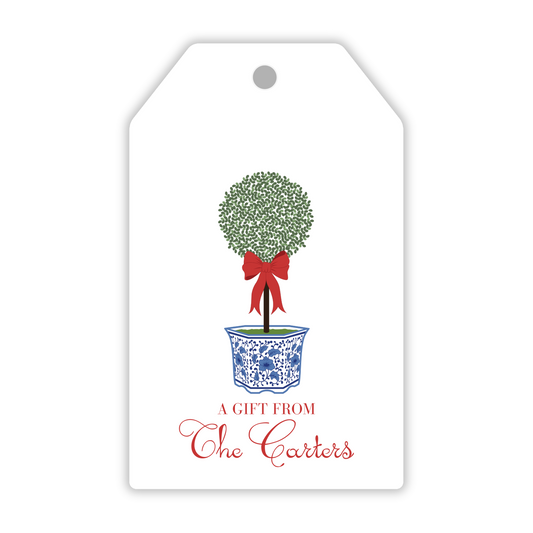 personalized hanging gift tag with christmas topiary with chinoiserie pot, ShooFly Paper Co. Auburn, Alabama