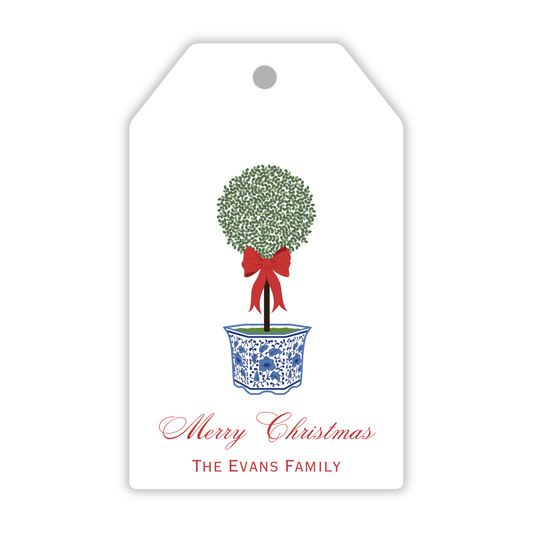 personalized christmas gift tag with christmas topiary, ShooFly Paper Co. Auburn, Alabama