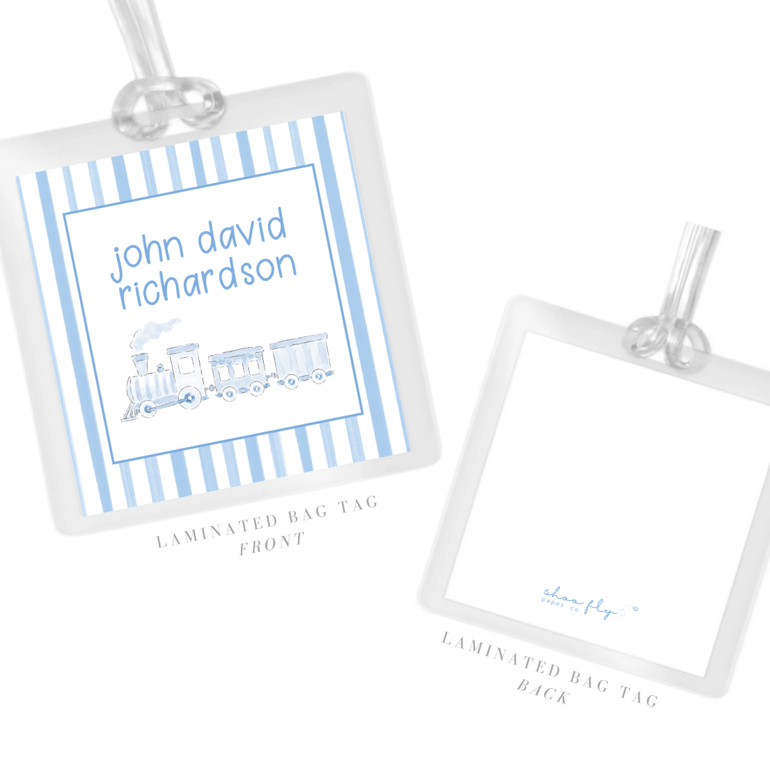 personalized laminated bag tag with blue and white train graphic, ShooFly Paper Co. Auburn, Alabama