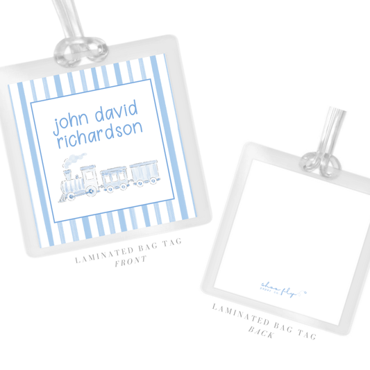 personalized laminated bag tag with blue and white train graphic, ShooFly Paper Co. Auburn, Alabama