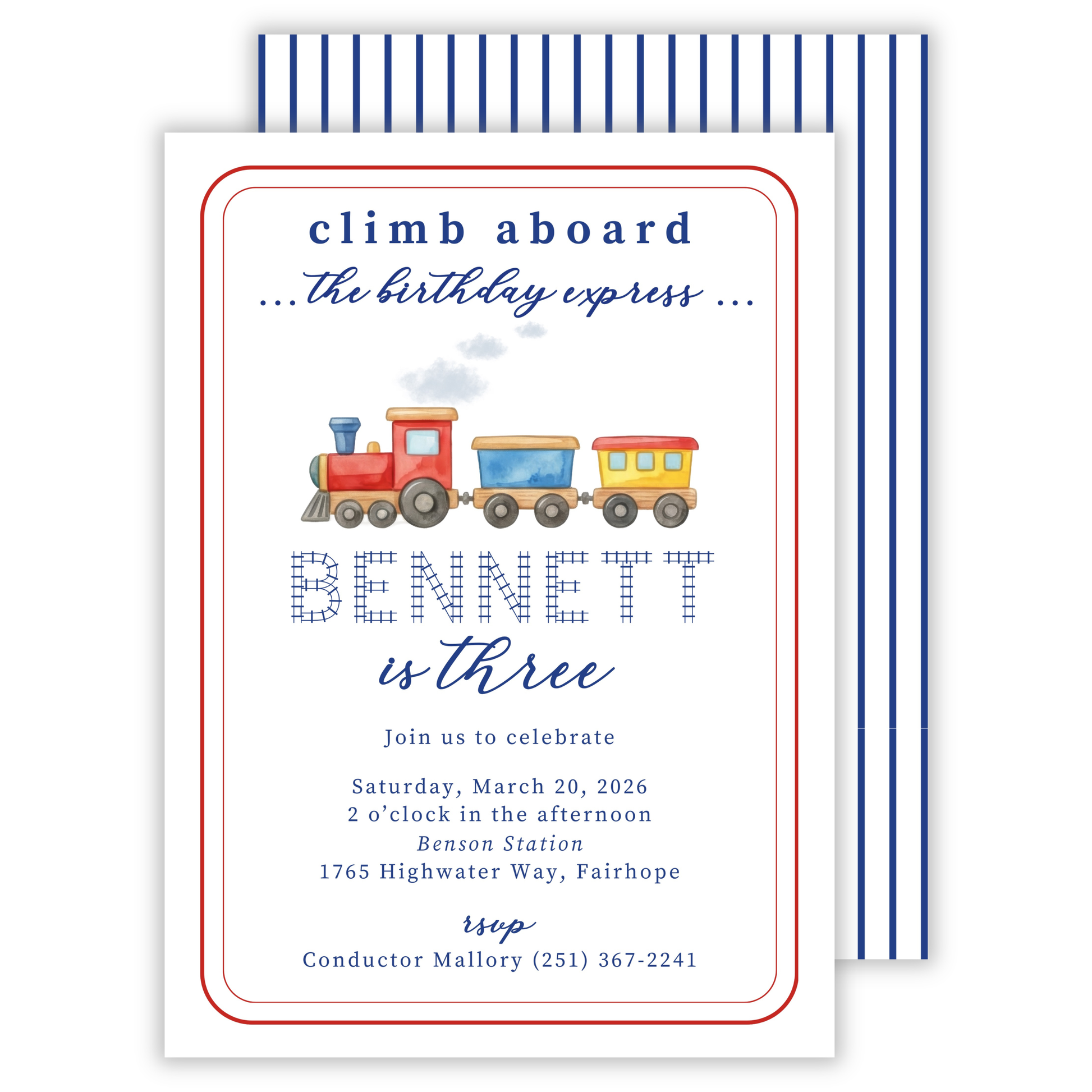 personalized birthday party invitation for train themed birthday, ShooFly Paper Co. Auburn, Alabama
