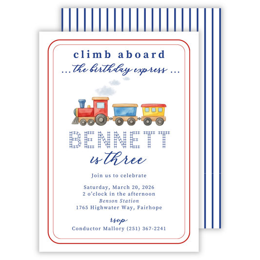 personalized birthday party invitation for train themed birthday, ShooFly Paper Co. Auburn, Alabama