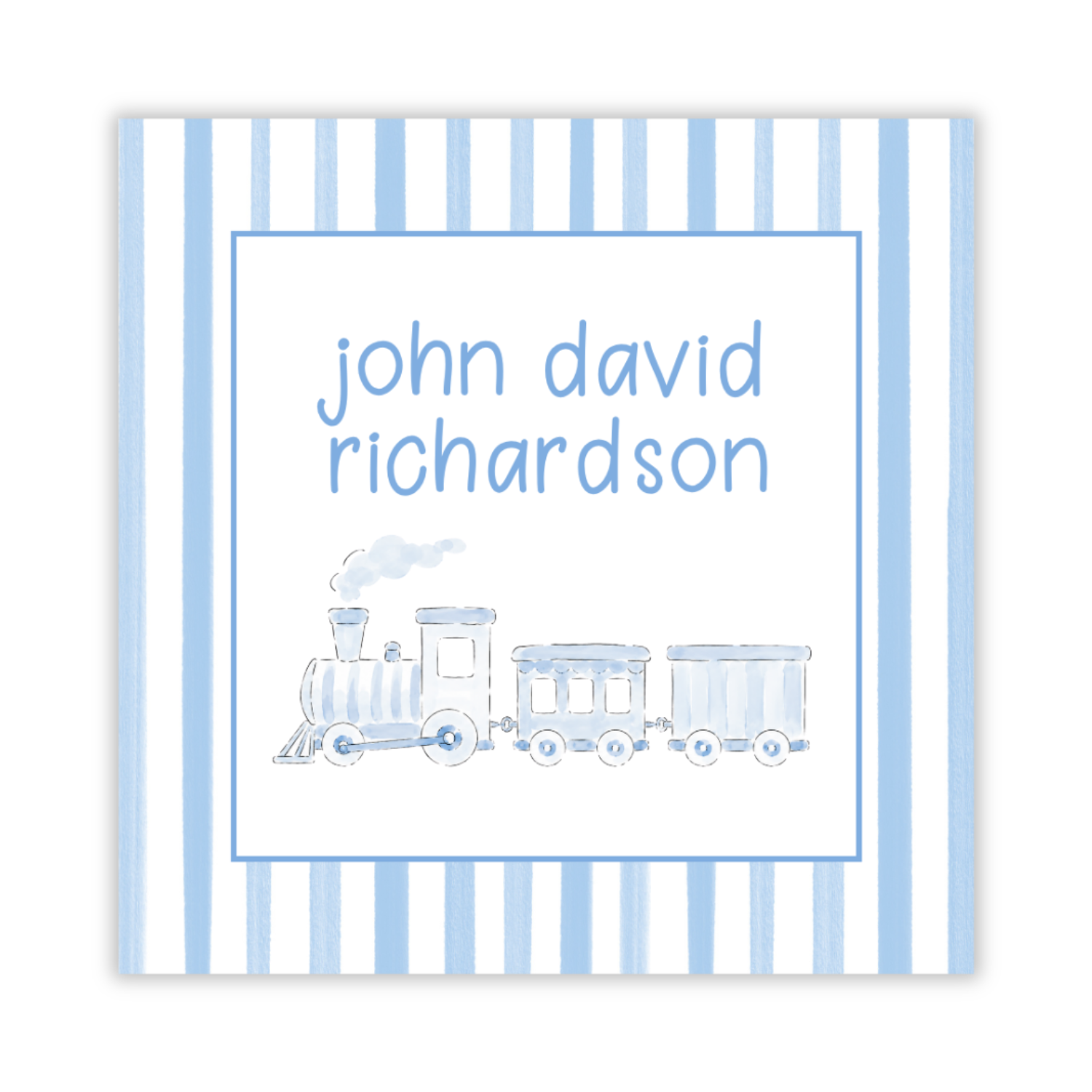 personalized gift tag with blue and white train, ShooFly Paper Co. Auburn, Alabama